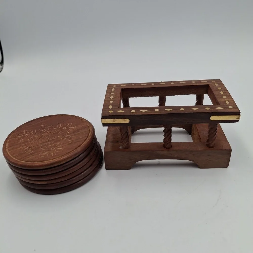 Kapasi Handcrafted Wooden Coaster Set of‎ 6 & Holder Carved Flower Brass Inlay